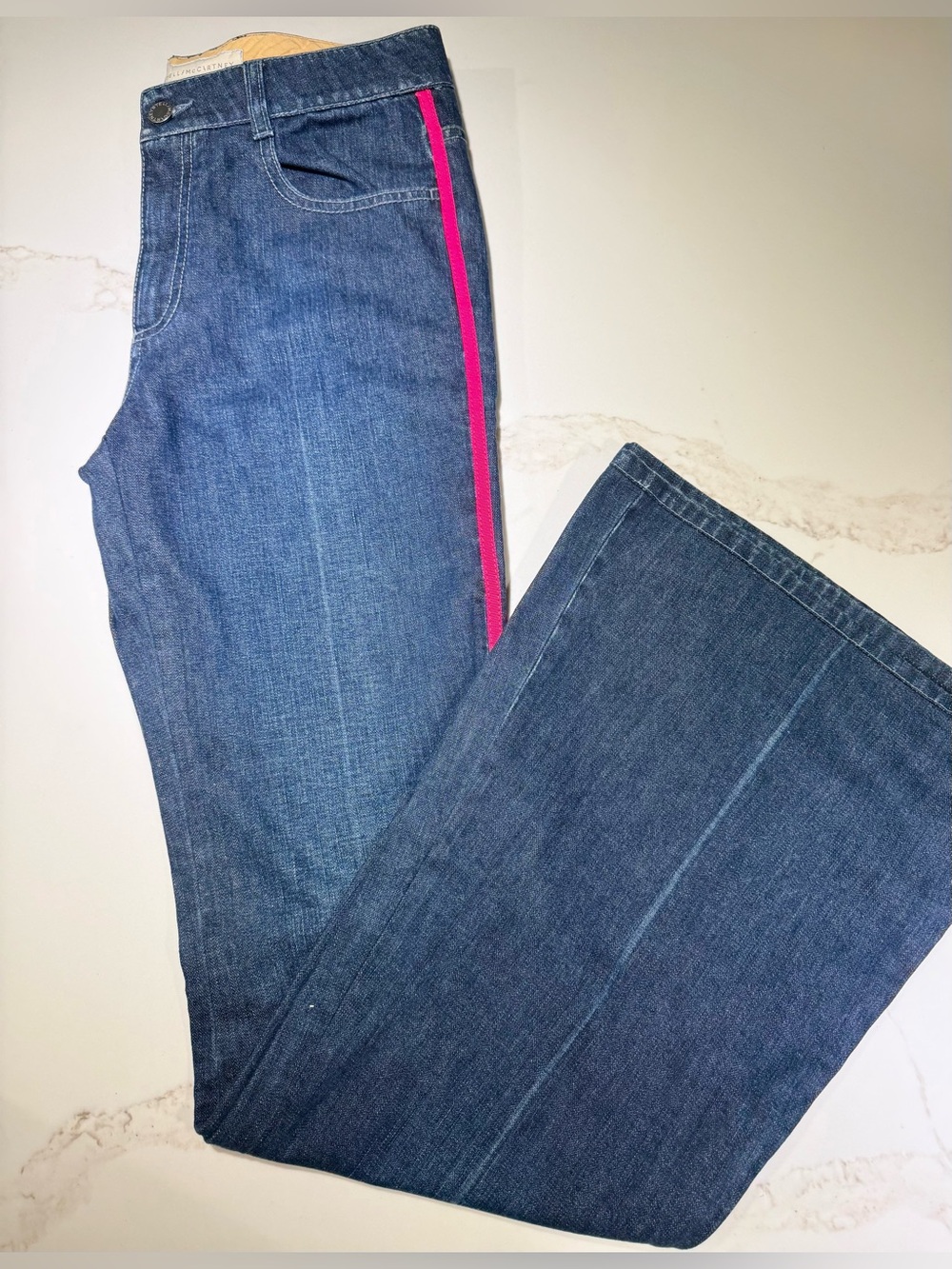 STELLA McCartney Dark Blue Denim Jeans with Pink Ribbon Accent, Size 28 - Picture 10 of 14